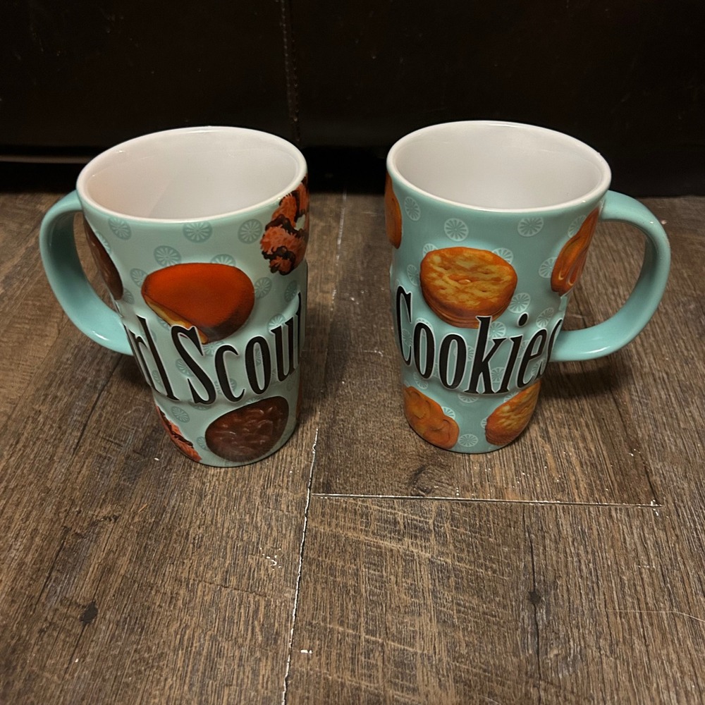Girl Scouts Cookies Coffee Mugs Set of 2 Teal Blue Ceramic 2007 12 oz Embossed